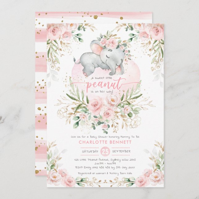Invitación Rubor Pink Floral Greenery Elephant Baby Shower (Anverso / Reverso)