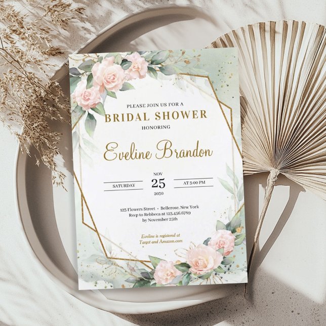 Invitación Rubor Pink Floral Greenery Gold Frame Bridal (Blush Pink Floral Greenery Gold Frame Bridal Invitation)
