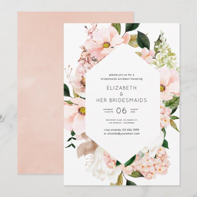 Invitación Rubor Pink Floral Hydrangeas Bridesmaids Luncheon (Anverso / Reverso)