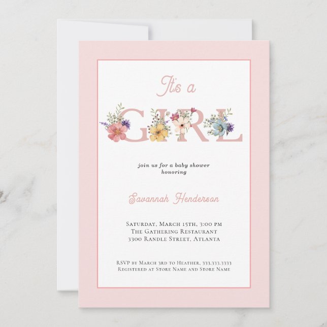 Invitación Rubor Pink Floral It's a Chica Baby Shower (Anverso)