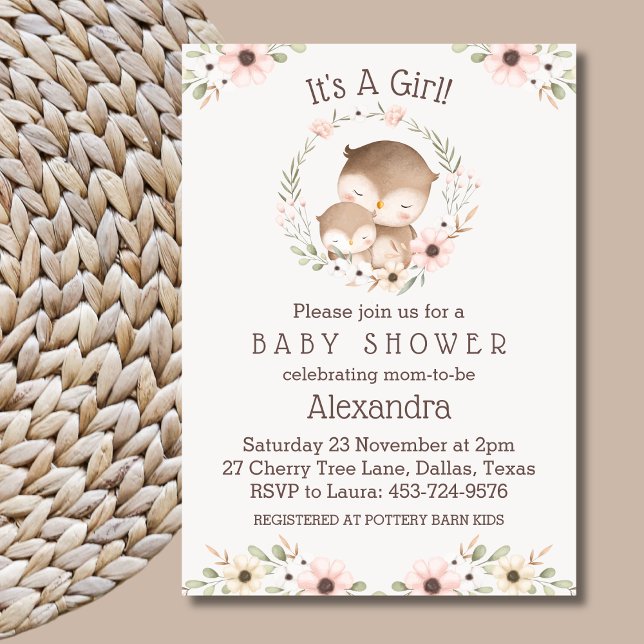 Invitación Rubor Pink Floral It's a Chica Owl Baby Shower (Subido por el creador)