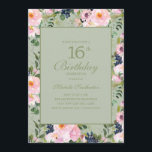 Invitación Rubor Pink Floral Mint Green 16th Birthday<br><div class="desc">Hermosa y elegante color de agua rosa y azul marino floral sobre verde menta 16 cumpleaños invitación para chicas adolescentes Contáctenos para ayuda con personalización o productos a juego</div>