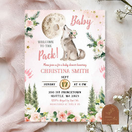 Invitación Rubor Pink Floral Moon Forest Wolf Baby Shower