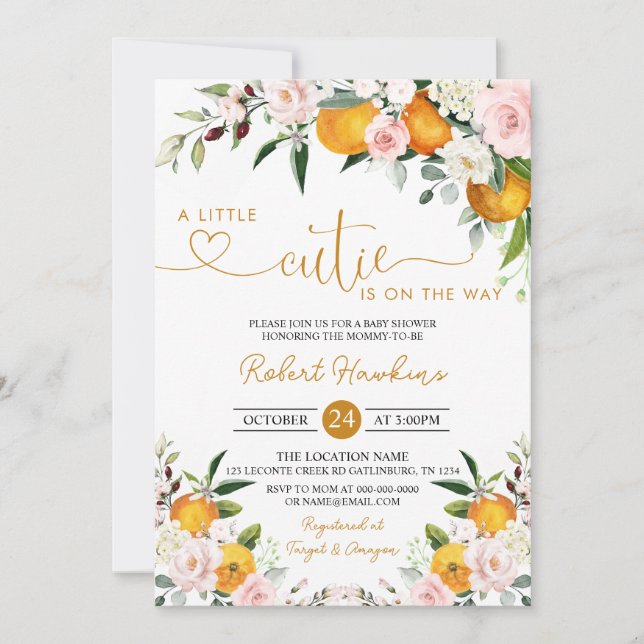 Invitación Rubor Pink Floral, Naranja Little Cutie Baby Showe (Anverso)