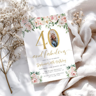 Invitación Rubor Pink Floral Photo 40th Birthday Invitation