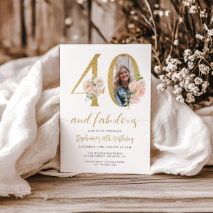 Invitación Rubor Pink Floral Photo 40th Birthday Invitation