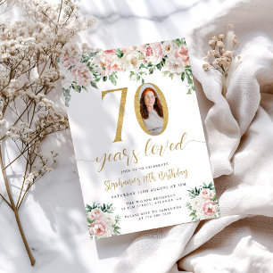 Invitación Rubor Pink Floral Photo 70th Birthday Invitation