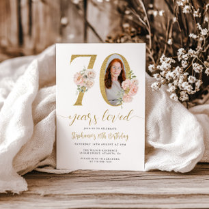 Invitación Rubor Pink Floral Photo 70th Birthday Invitation