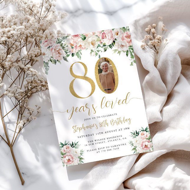 Invitación Rubor Pink Floral Photo 80th Birthday Invitation (Subido por el creador)
