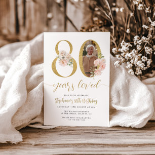 Invitación Rubor Pink Floral Photo 80th Birthday Invitation