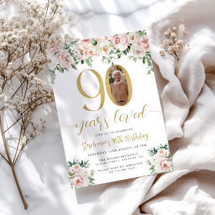 Invitación Rubor Pink Floral Photo 90th Birthday Invitation