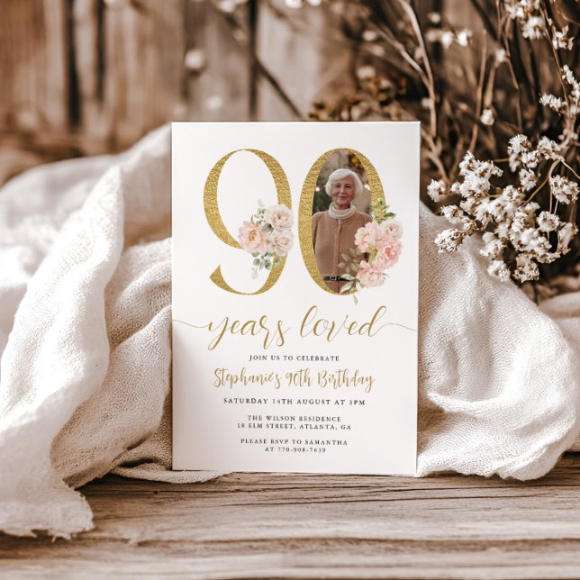 Invitación Rubor Pink Floral Photo 90th Birthday Invitation (Subido por el creador)