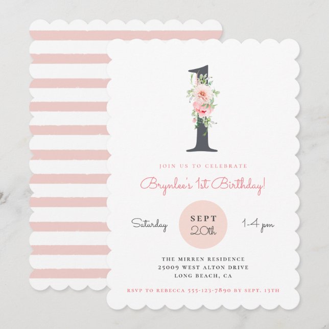 Invitación Rubor Pink Floral Primer cumpleaños (Anverso / Reverso)
