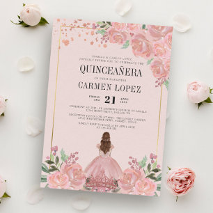 Invitación Rubor Pink Floral Princess Birthday Quinceanera In