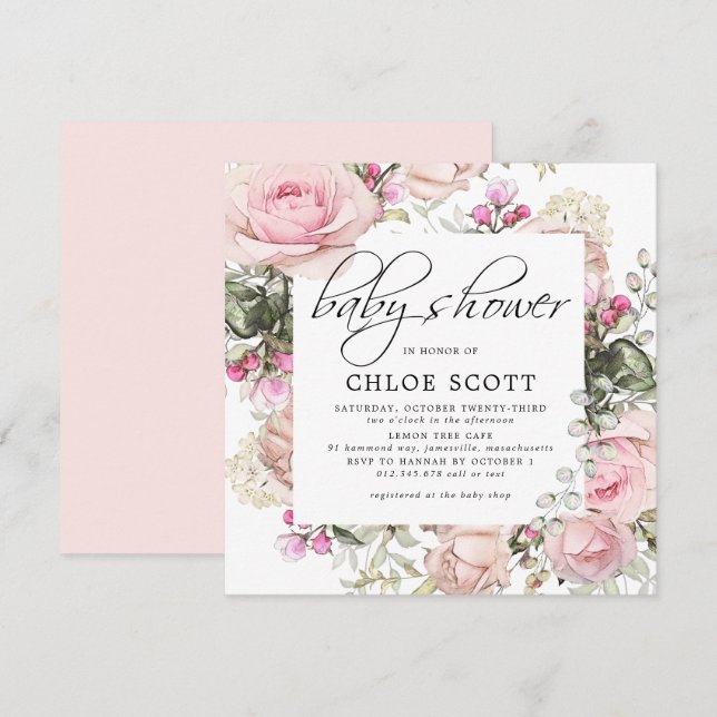 Invitación Rubor Pink Floral Square Baby Shower (Anverso / Reverso)