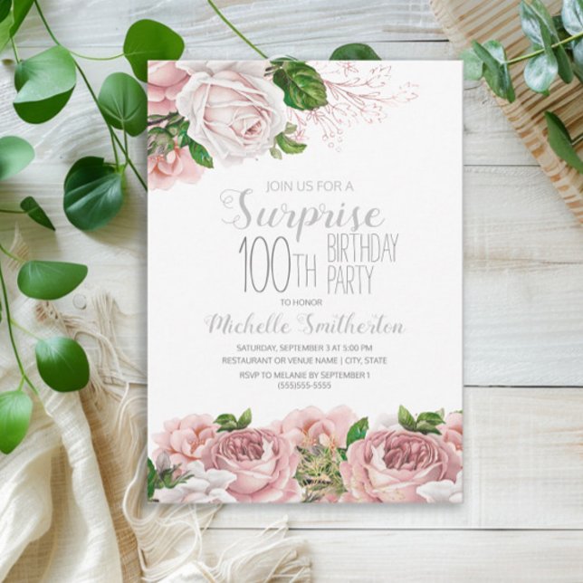 Invitación Rubor Pink Floral Surprise 100 cumpleaños (Blush pink vintage floral surprise 100th birthday party invitation)
