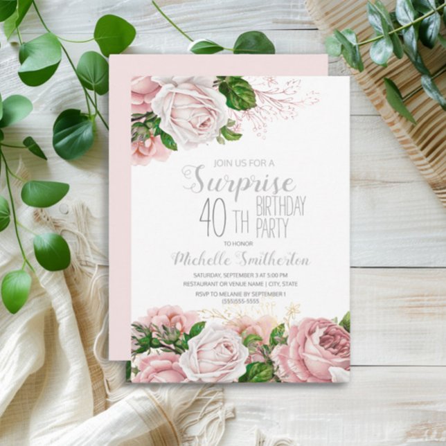 Invitación Rubor Pink Floral Surprise 40 cumpleaños (Elegant pink vintage floral surprise 40th birthday party invitation)