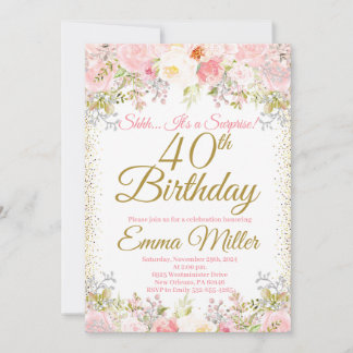 Invitación Rubor Pink Floral Surprise 40 cumpleaños