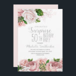 Invitación Rubor Pink Floral Surprise 50 cumpleaños<br><div class="desc">Elegante y moderno acuarela de color rosa rosado botánico floral (rosas) y vegetación sobre el tema del jardín blanco sorpresiva invitación a la fiesta de 50 años. El texto, el tipo de letra, el tamaño y el color son completamente personalizables, por lo que esta tarjeta se puede personalizar para que...</div>