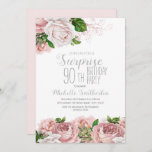 Invitación Rubor Pink Floral Surprise 90th Birthday<br><div class="desc">Elegante y moderno acuarela de color rosa rosado botánico floral (rosas) y vegetación sobre la temática del jardín blanco sorpresiva invitación a la fiesta de cumpleaños número 90. El texto, el tipo de letra, el tamaño y el color son completamente personalizables, por lo que esta tarjeta se puede personalizar para...</div>