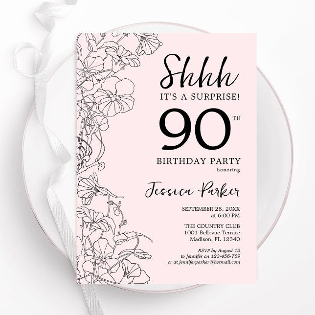 Invitación Rubor Pink Floral Surprise 90th Birthday (Subido por el creador)