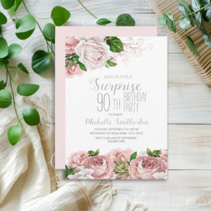 Invitación Rubor Pink Floral Surprise 90th Birthday