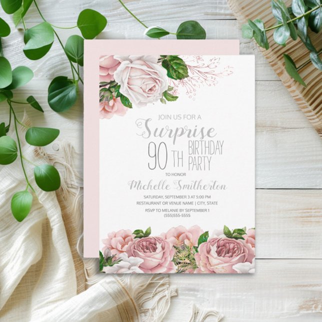 Invitación Rubor Pink Floral Surprise 90th Birthday (Elegant blush pink vintage floral surprise 90th birthday party invitation)