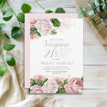 Invitación Rubor Pink Floral Surprise Cumpleaños 21<br><div class="desc">Elegante y moderno acuarela de color rosa rosado botánico floral (rosas) y vegetación sobre el tema del jardín blanco sorpresiva invitación a la fiesta de cumpleaños 21. El texto, el tipo de letra, el tamaño y el color son completamente personalizables, por lo que esta tarjeta se puede personalizar para que...</div>