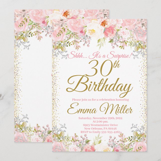 Invitación Rubor Pink Floral Surprise Cumpleaños 30 (Anverso / Reverso)