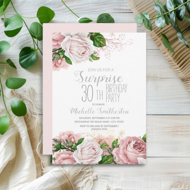 Invitación Rubor Pink Floral Surprise Cumpleaños 30 (Pink vintage floral surprise 30th birthday party invitation)