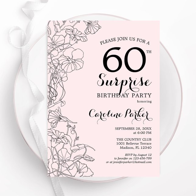 Invitación Rubor Pink Floral Surprise Fiesta de cumpleaños nú (Subido por el creador)