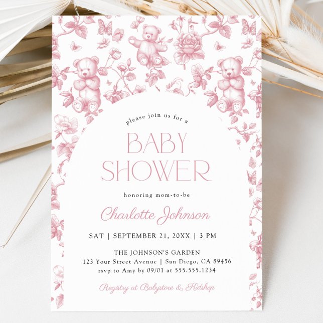 Invitación Rubor Pink Floral Toile Chica Baby Shower (Blush Pink Floral Toile Girl Baby Shower Invitation)