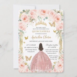 Invitación Rubor Pink Floral Vintage Gold Quinceañera