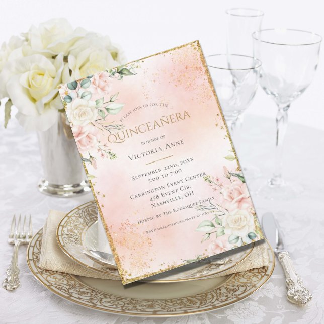 Invitación Rubor Pink Floral Watercolor Gold Quinceañera (Subido por el creador)