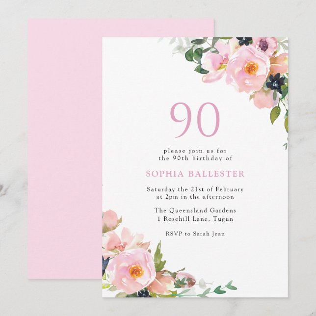 Invitación Rubor Pink Floral Women 90th Birthday Party (Anverso / Reverso)