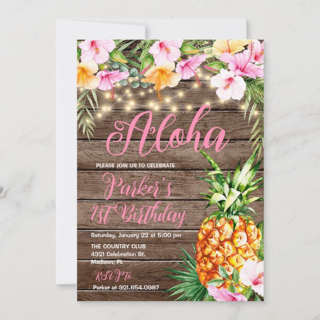 Invitación Rubor Pink Floral Wood Aloha Pineapple Cumpleaños (Anverso)