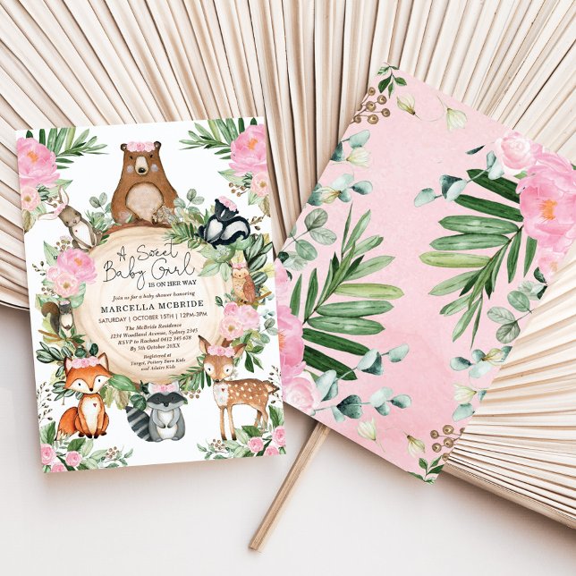 Invitación Rubor Pink Floral Woodland Forest Chica Baby Showe (Subido por el creador)