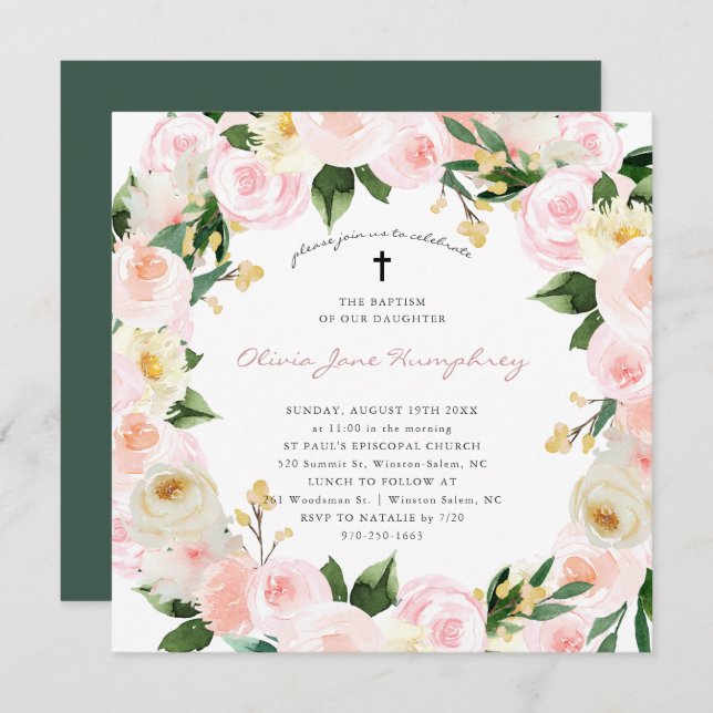 Invitación Rubor Pink Florals | Bautismo floral de verano de  (Anverso / Reverso)