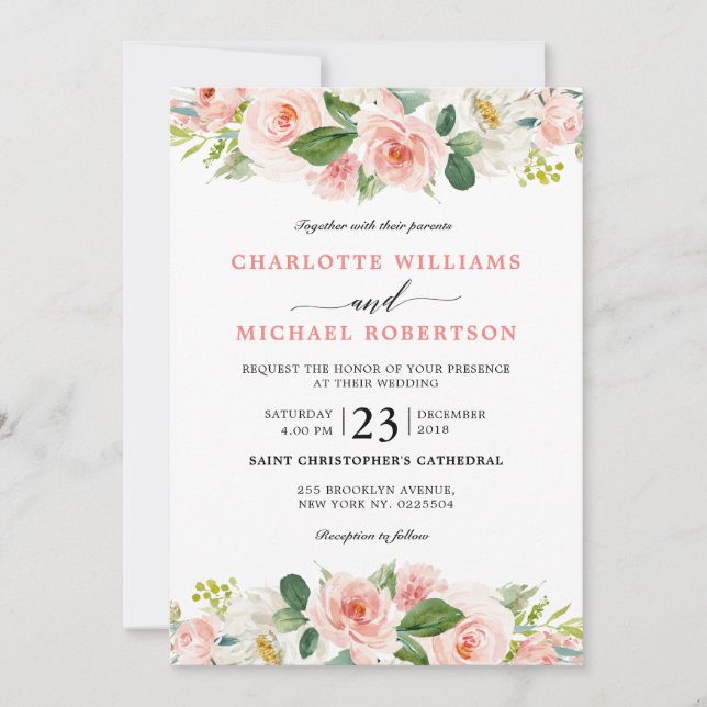 Invitación Rubor Pink Florals Boda botánico moderno (Anverso)