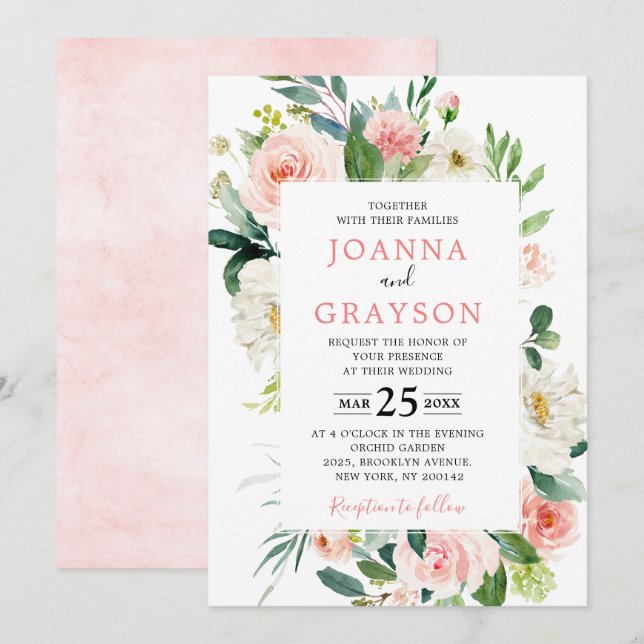 Invitación Rubor Pink Florals Boda botánico moderno (Anverso / Reverso)