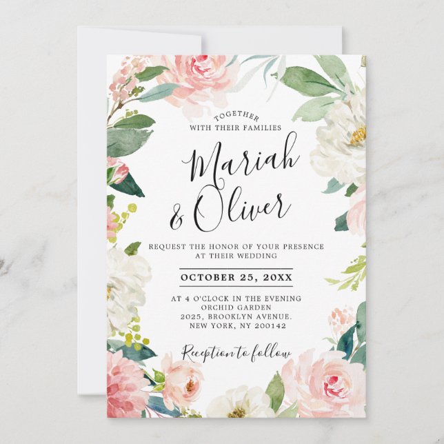 Invitación Rubor Pink Florals Boda de cuadros botánicos moder (Anverso)