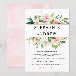 Invitación Rubor Pink Florals Boda geométrico de oro moderno