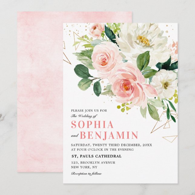 Invitación Rubor Pink Florals Boda geométrico de oro moderno (Anverso / Reverso)