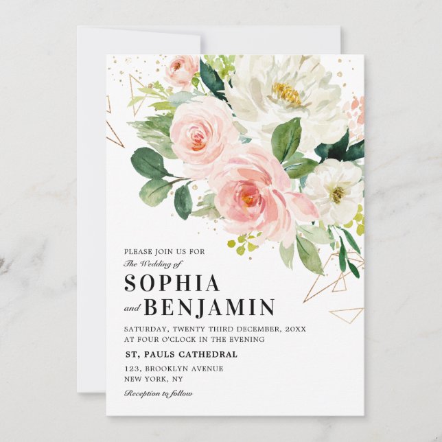 Invitación Rubor Pink Florals Boda geométrico de oro moderno (Anverso)