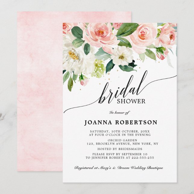 Invitación Rubor Pink Florals Moderna Ducha Botánica Bridal (Anverso / Reverso)