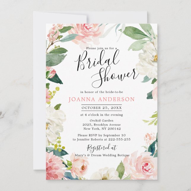 Invitación Rubor Pink Florals Moderna Ducha Botánica Bridal (Anverso)
