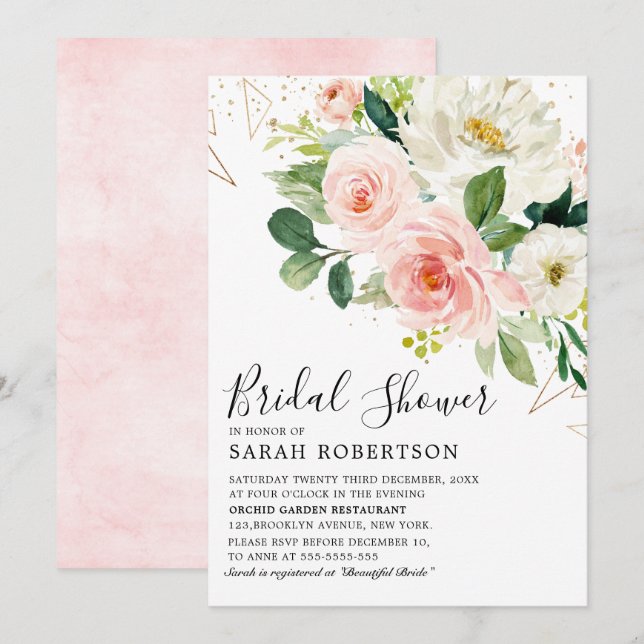 Invitación Rubor Pink Florals Moderna Ducha Botánica Bridal (Anverso / Reverso)