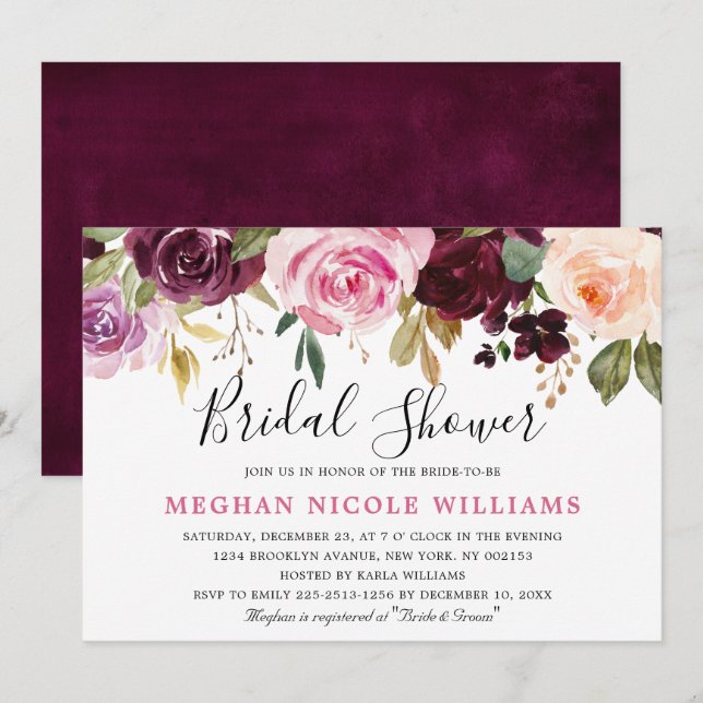 Invitación Rubor Pink Florals Moderna Ducha Botánica Bridal (Anverso / Reverso)
