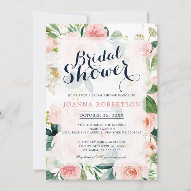 Invitación Rubor Pink Florals Moderna Ducha Botánica Bridal (Anverso)