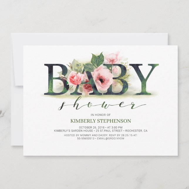 Invitación Rubor Pink Florals Typography Baby Shower (Anverso)